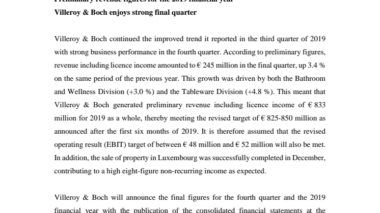 Preliminary revenue figures for the 2019 financial year –  Villeroy & Boch enjoys strong final quarter