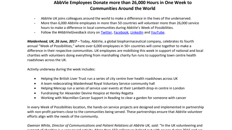 AbbVie Employees Donate more than 26,000 Hours in One Week to Communities Around the World