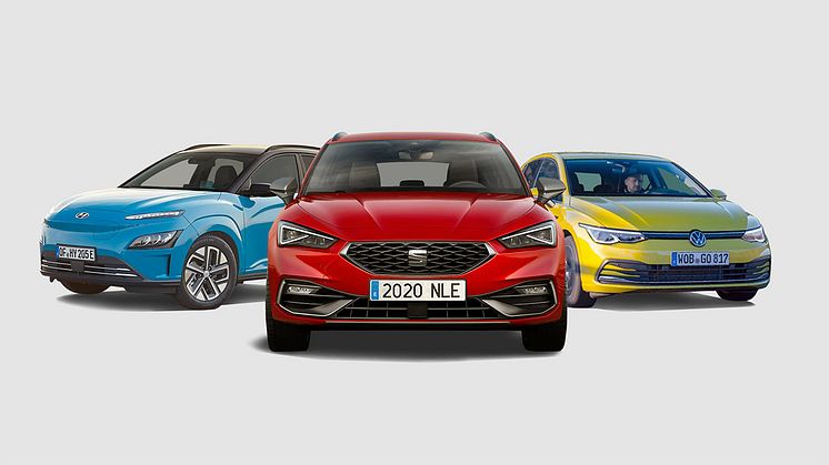 Seat Leon TGI (Mitte), VW Golf TGI und Hyundai Kona Elektro sind die saubersten Autos 2021 ∙ © Seat, Volkswagen, Hyundai [M]