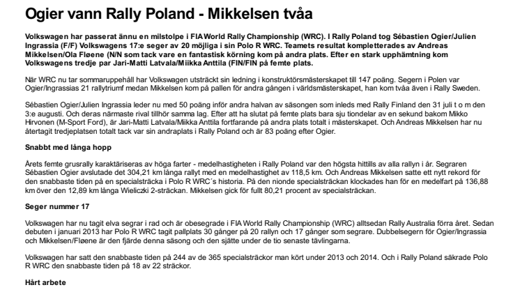 Ogier vann Rally Poland - Mikkelsen tvåa