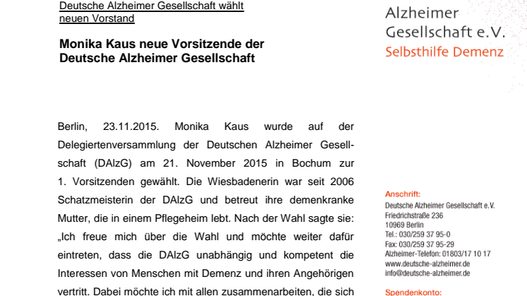 Deutsche Alzheimer Gesellschaft wählt Monika Kaus zur neuen Vorsitzenden