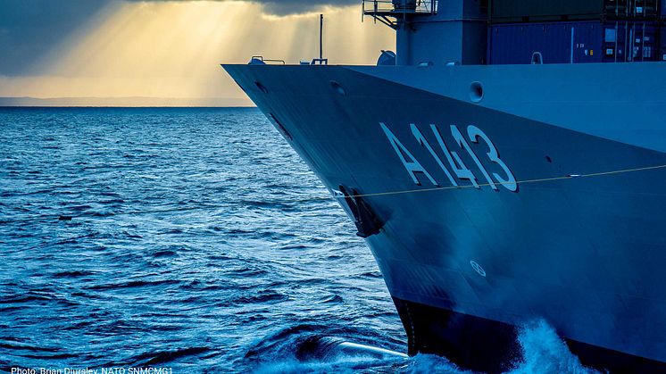 German Navy replenishment ship FGS Bonn at sunset. Credit: Brian Djursley