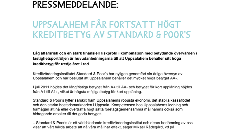 Uppsalahem får fortsatt högt kreditbetyg av Standard & Poor's