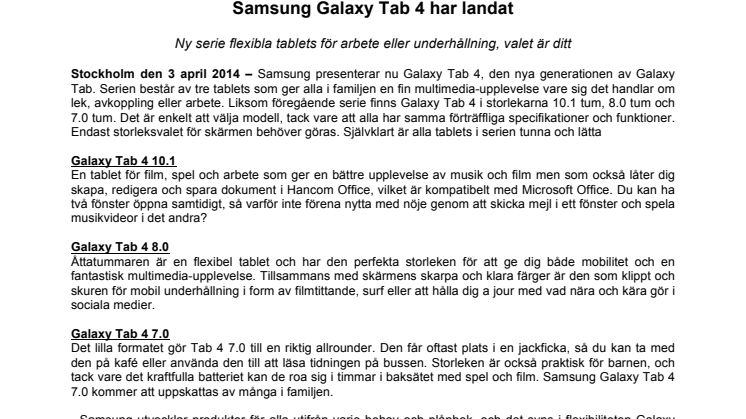 Samsung Galaxy Tab 4 har landat