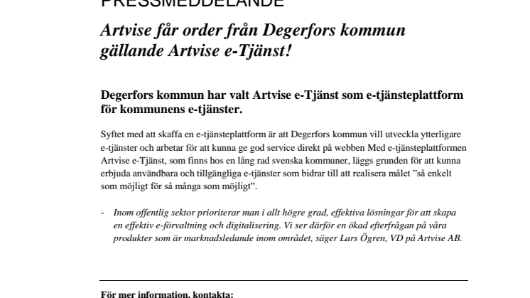 Artvise får order från Degerfors kommun gällande Artvise e-Tjänst!