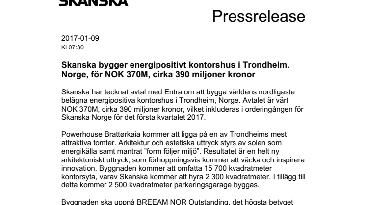 Skanska bygger energipositivt kontorshus i Trondheim, Norge, för NOK 370M, cirka 390 miljoner kronor