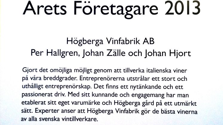 Årets Företagare 2013 - Högberga Vinfabrik