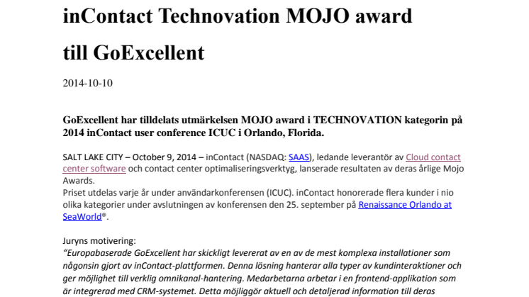 inContact Technovation MOJO award till GoExcellent