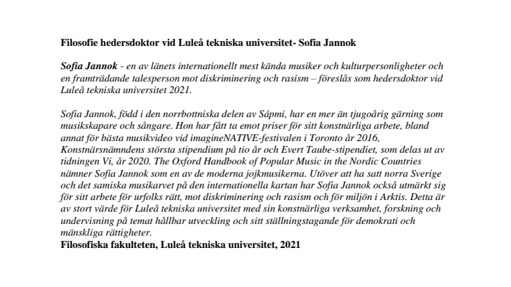 Filosofie hedersdoktor vid Luleå tekniska universitet, 2021, Sofia Jannok.pdf