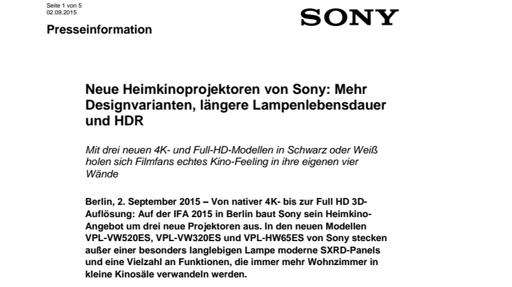 Neue Heimkinoprojektoren von Sony: Mehr Designvarianten, längere Lampenlebensdauer und HDR 