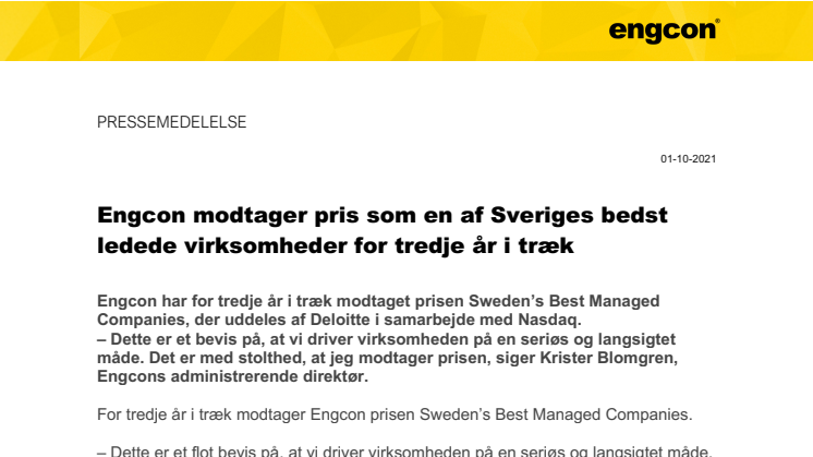 011021_Press_Engcon modtager pris som en af Sveriges bedst ledede virksomheder for tredje år i træk