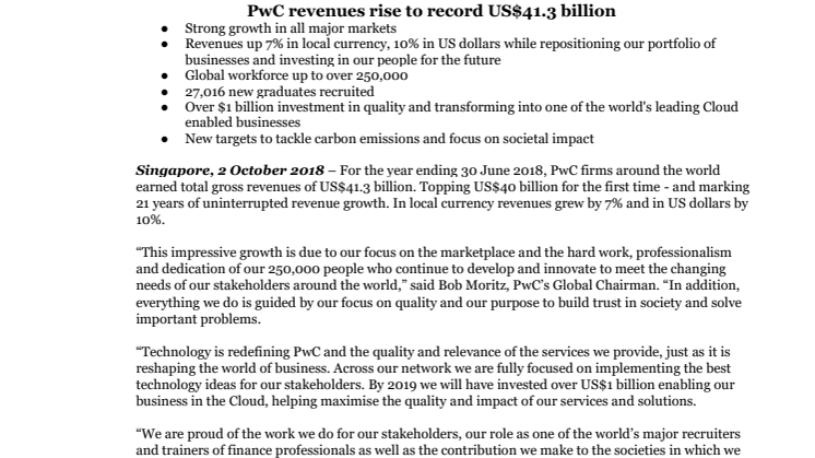 PwC revenues rise to record US$41.3 billion