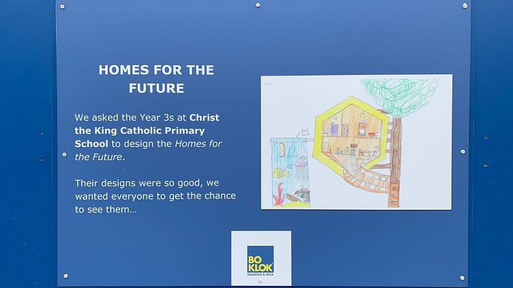 Designs from the pupils at Christ the King Catholic Primary School on the hoarding to the development BoKlok on the Brook in Bristol.
