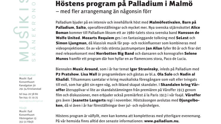 Musik i Syd presenterar: Höstens program på Palladium i Malmö – med fler arrangemang än någonsin förr