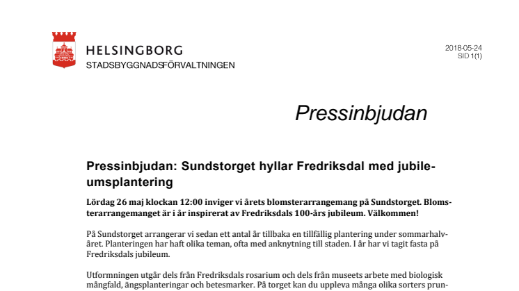 Pressinbjudan: Sundstorget hyllar Fredriksdal med jubileumsplantering