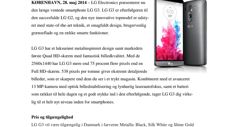 LG LANCERER G3 – VELKOMMEN TIL DET NÆSTE NIVEAU INDEN FOR SMARTPHONES