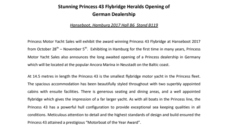 Princess Motor Yacht Sales: Stunning Princess 43 Flybridge Heralds Opening of German Dealership