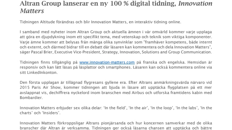 Altran Group lanserar en ny 100 % digital tidning, Innovation Matters 