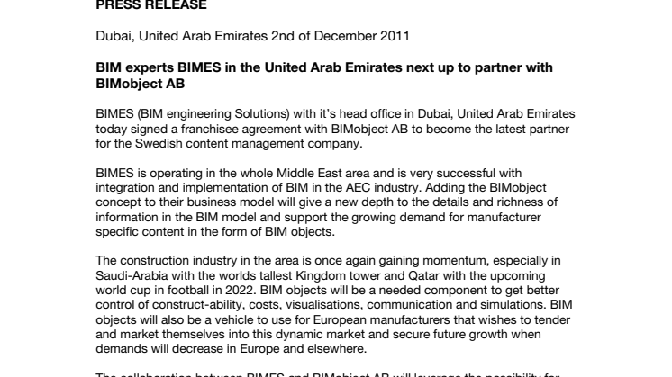 BIMES in the United Arab Emirates next up to partner with BIMobject AB