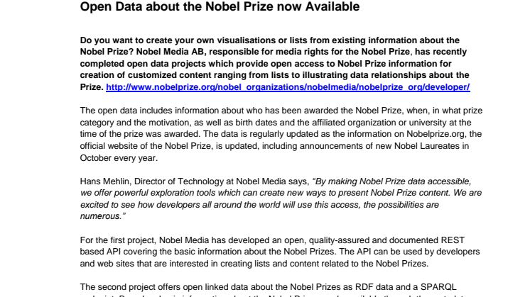 Open Data about the Nobel Prize now Available