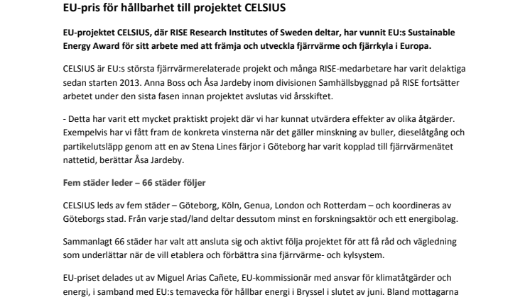 EU-pris för hållbarhet till projektet CELSIUS 