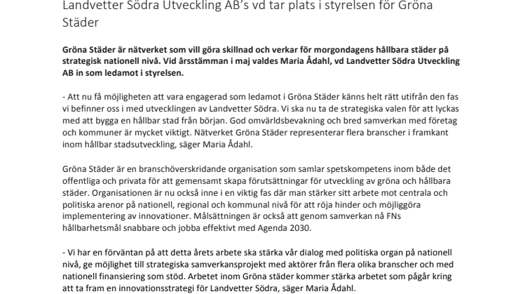 Landvetter Södra Utveckling AB's vd tar plats i styrelsen för Gröna Städer