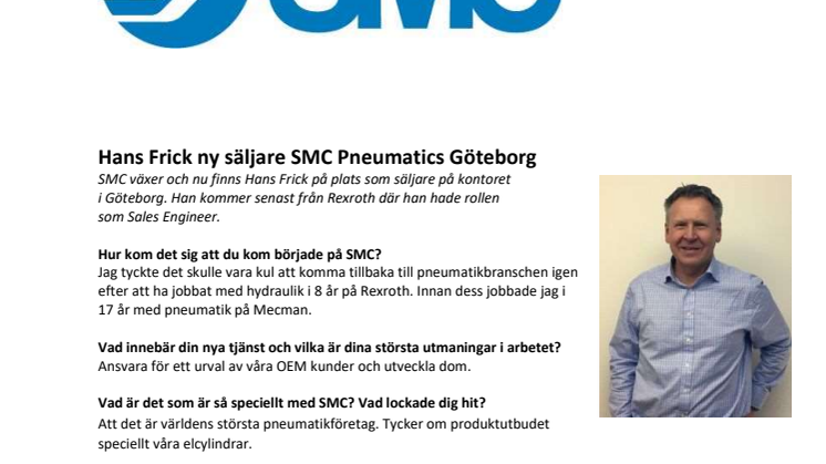 Hans Frick ny säljare SMC Pneumatics Göteborg
