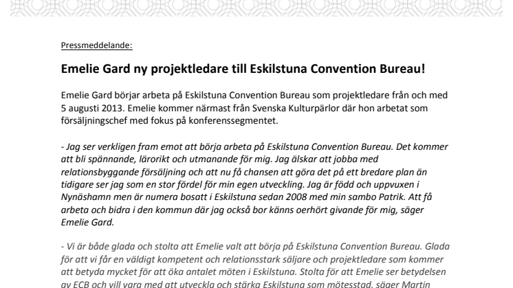Emelie Gard ny projektledare till Eskilstuna Convention Bureau!