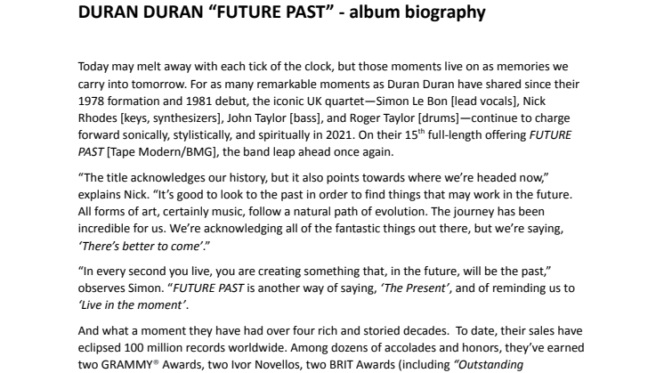 Duran Duran "FUTURE PAST" - engelsk albumbiograif