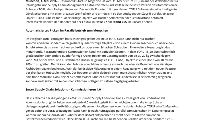 Revolution im Warenlager: Kommissionier-Roboter TORU Cube auf der CeMAT