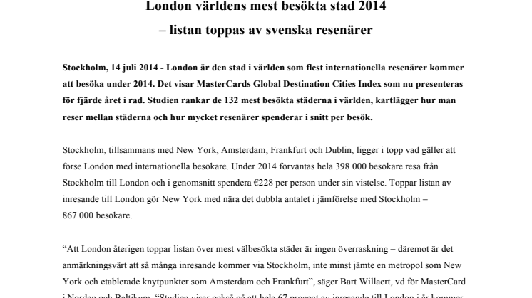 London världens mest besökta stad 2014  – listan toppas av svenska resenärer