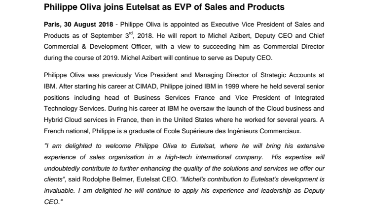 Philippe Oliva joins Eutelsat as EVP of Sales and Products