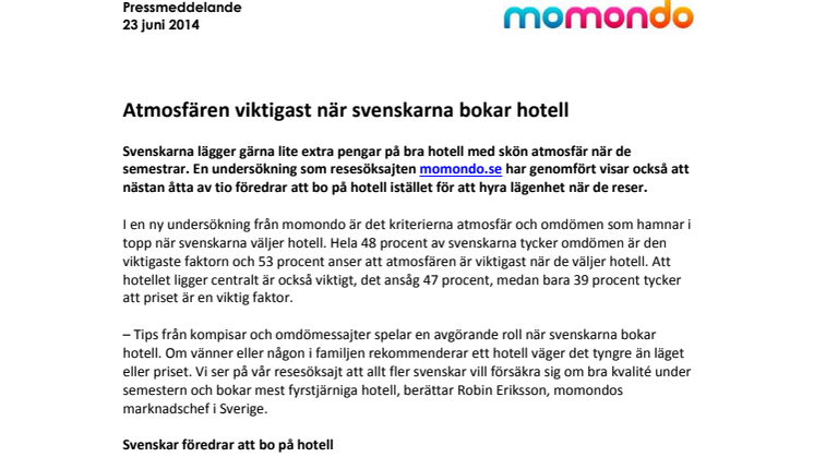 Atmosfären viktigast när svenskarna bokar hotell