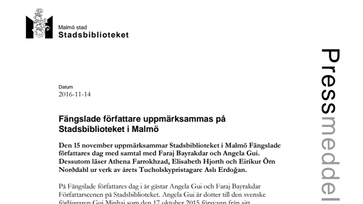 Fängslade författare uppmärksammas på Stadsbiblioteket i Malmö