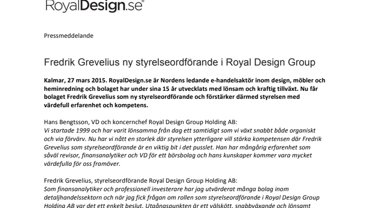 Fredrik Grevelius ny styrelseordförande i Royal Design