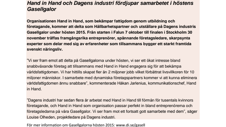Hand in Hand och Dagens industri fördjupar samarbetet i höstens Gasellgalor