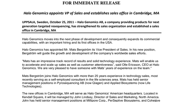 Halo Genomics appoints VP of Sales and establishes sales office in Cambridge, MA