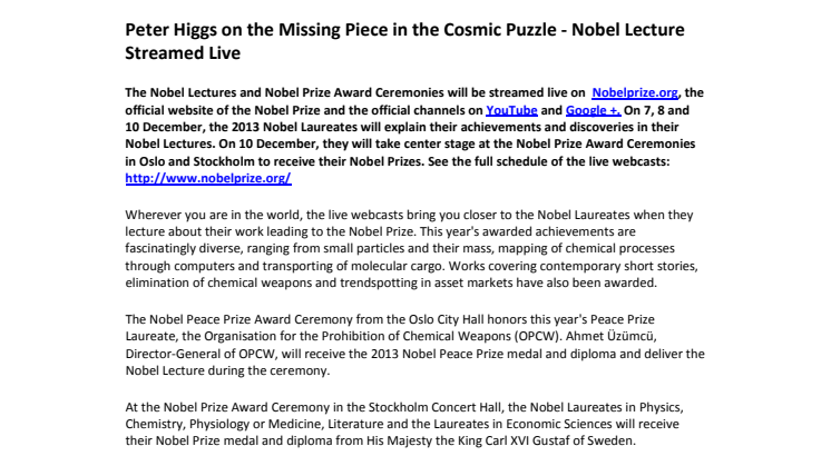 Peter Higgs on the Missing Piece in the Cosmic Puzzle - Nobel Lecture Streamed Live
