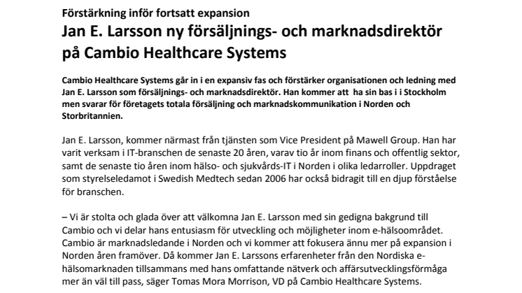 Jan E. Larsson ny försäljnings- och marknadsdirektör på Cambio Healthcare Systems 