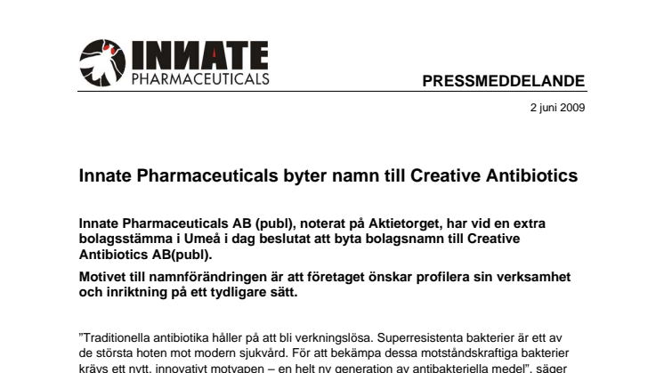 Innate Pharmaceuticals byter namn till Creative Antibiotics
