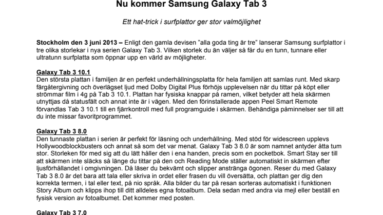 Nu kommer Samsung Galaxy Tab 3 - Ett hat-trick i surfplattor ger stor valmöjlighet