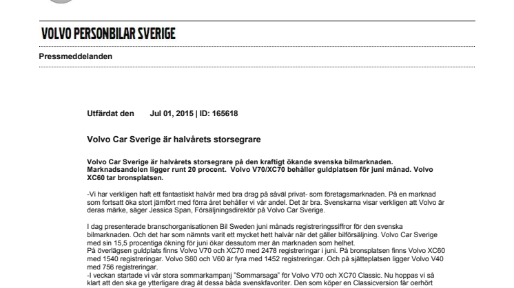 Volvo Car Sverige är halvårets storsegrare