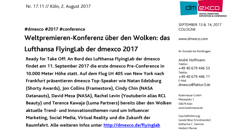 Weltpremieren-Konferenz über den Wolken: das Lufthansa FlyingLab der dmexco 2017