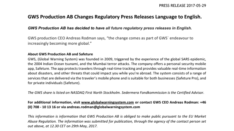 GWS Production AB Changes Regulatory Press Releases Language to English.