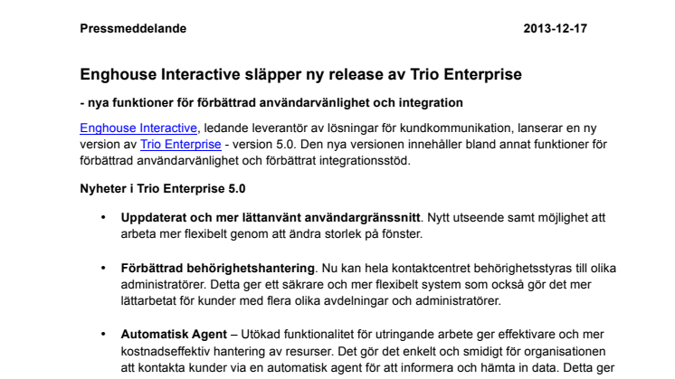Enghouse Interactive släpper ny release av Trio Enterprise