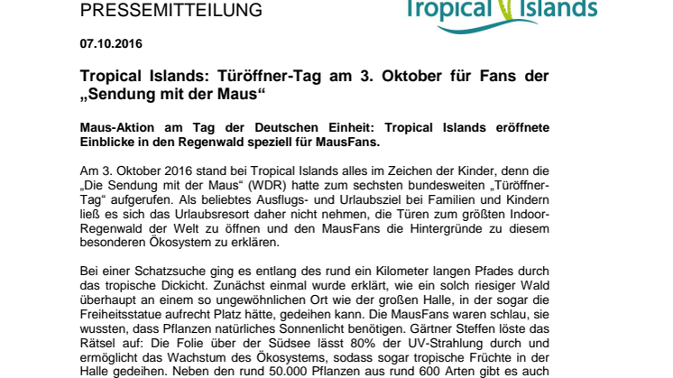 Tropical Islands: Türöffner-Tag am 3. Oktober für Fans der „Sendung mit der Maus“