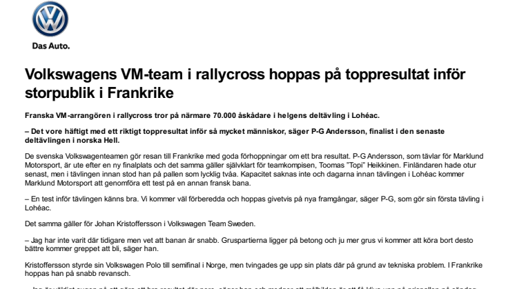 Volkswagens VM-team i rallycross hoppas på toppresultat inför storpublik i Frankrike