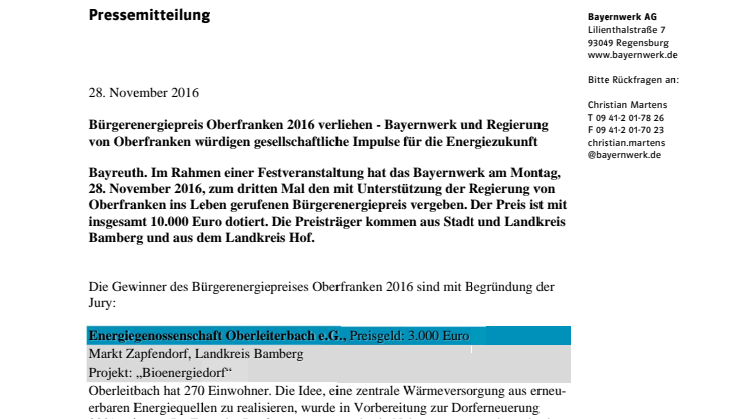 Bürgerenergiepreis Oberfranken 2016 verliehen