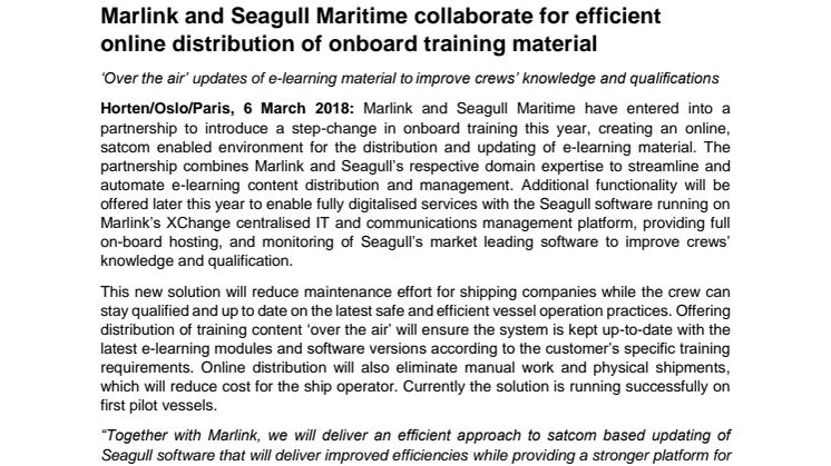 Marlink and Seagull Maritime collaborate for efficient online distribution of onboard training material 