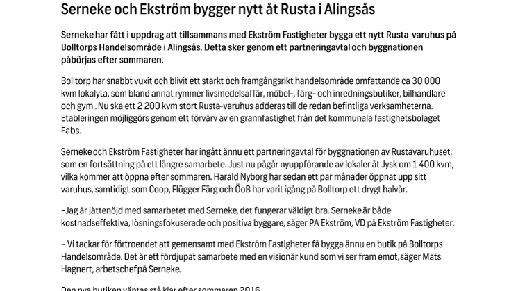 Serneke och Ekström bygger nytt åt Rusta i Alingsås